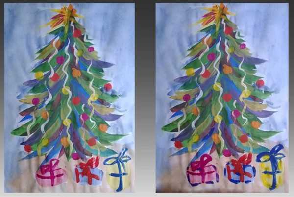 Neujahrsbaumzeichnung mit Farben, Gouache für Kinder
