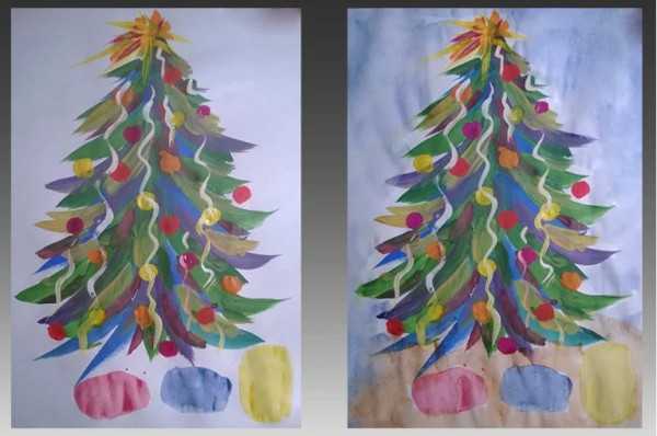 Neujahrsbaumzeichnung mit Farben, Gouache für Kinder
