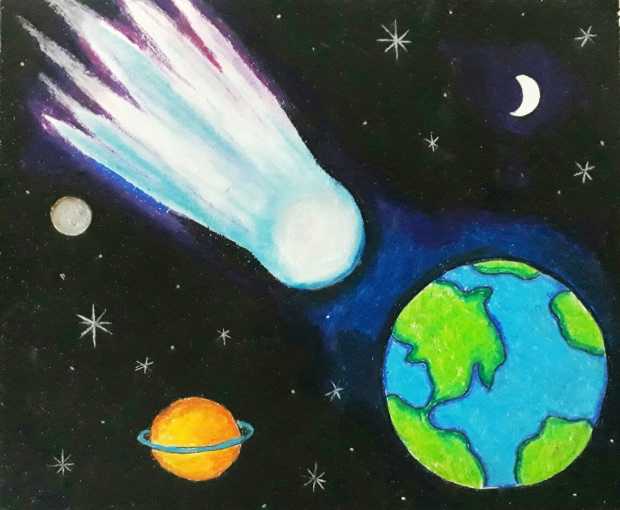 Kometenzeichnung mit Bleistift, Farben für Kinder