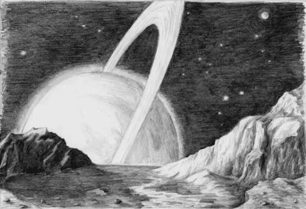 Disegno a matita di paesaggio spaziale facile