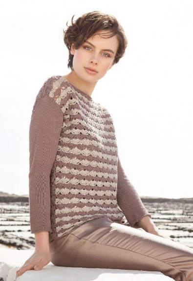 Schönes Strickmuster für einen Pullover. Schnittmuster für Damen, Kinder aus dünnem Garn, Lurex, Mohair