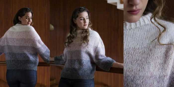 Schönes Strickmuster für einen Pullover. Schnittmuster für Damen, Kinder aus dünnem Garn, Lurex, Mohair