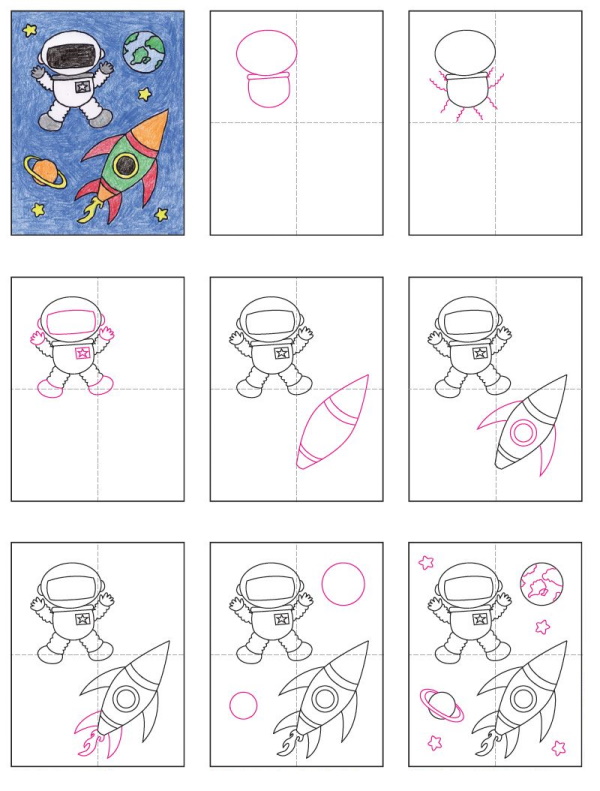 Rakete im Weltraum zeichnen mit Bleistift, Gouache für Kinder