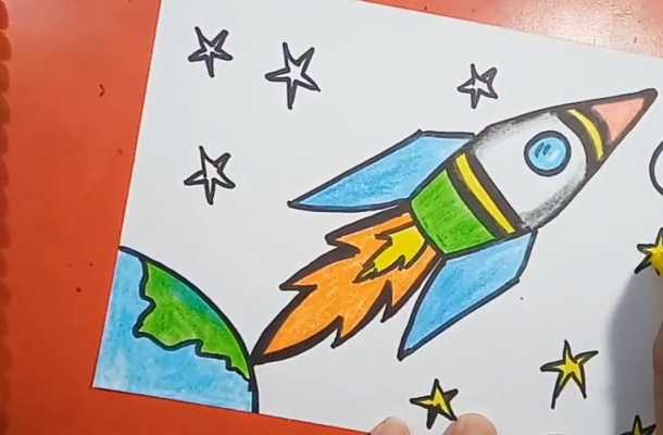 Rakete im Weltraum zeichnen mit Bleistift, Gouache für Kinder