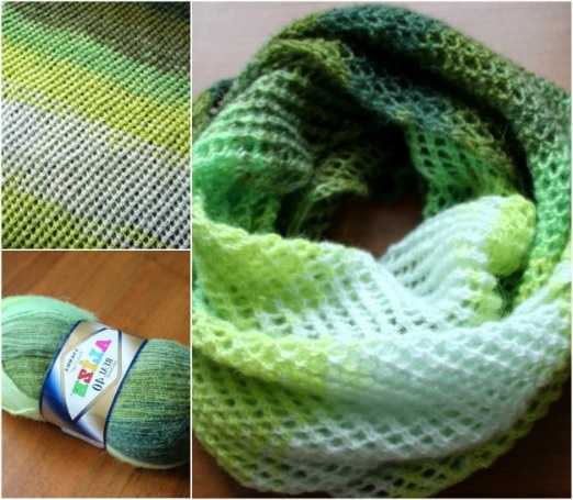 Kraus rechts stricken Sie einen Snood mit Stricknadeln. Strickmuster in einer, zwei Umdrehungen, im Kreis